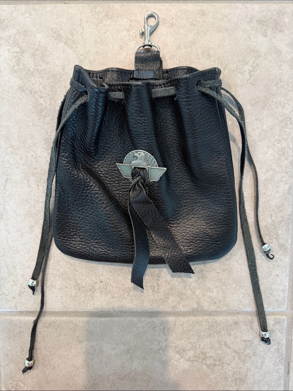 Made in Mexico Black Leather Drawstring Pouch Bag Unisex